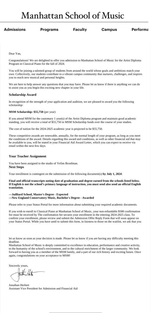 曼哈顿音乐学院录取名单